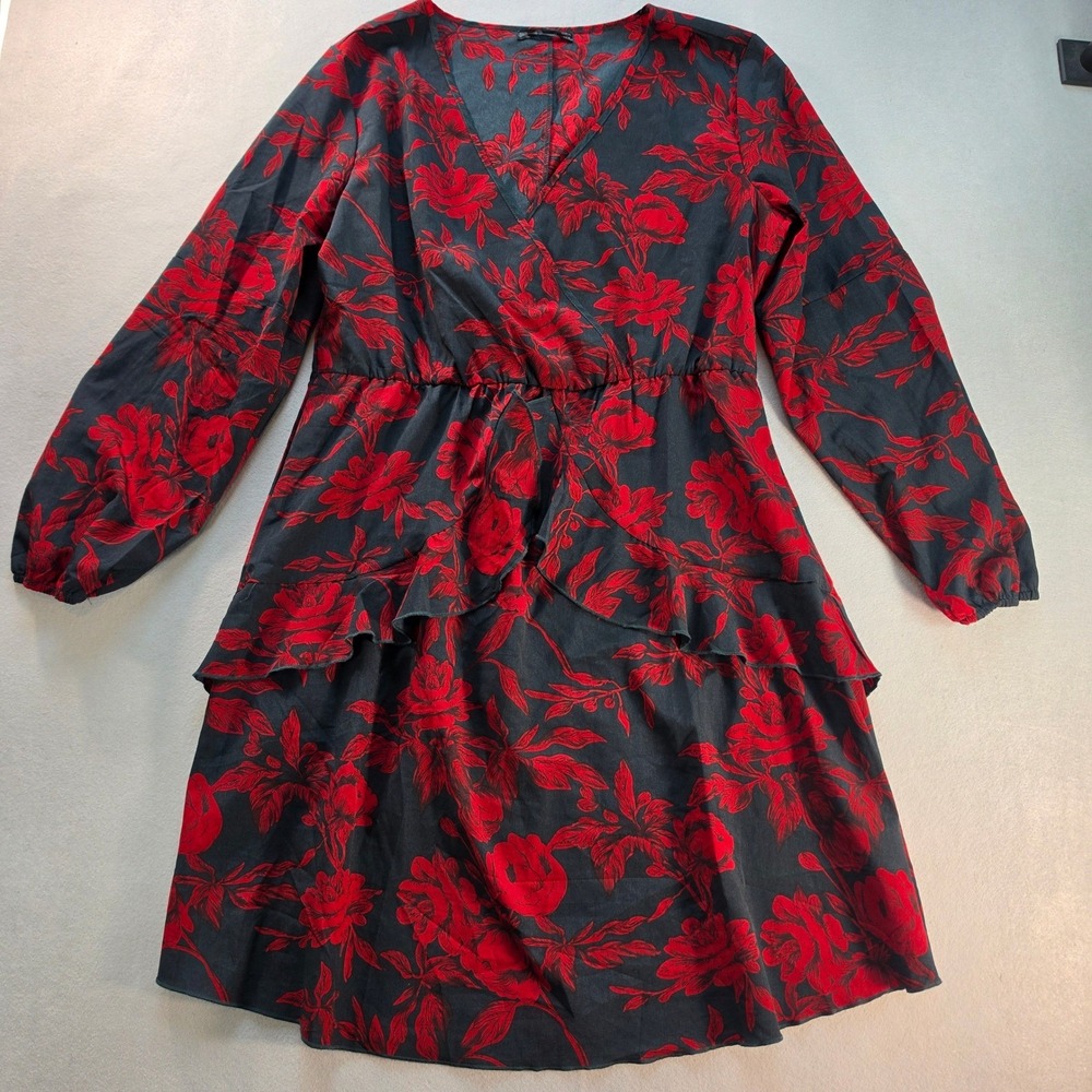 Lugnest Womens XL Red Floral Mini Dress Ruffle Tiered Boho Cottagecore
